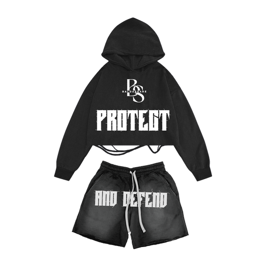 PROTECT AND DEFEND HOODIE SHORT SET (BLACK)